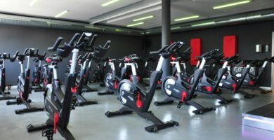 black and red stationary bikes